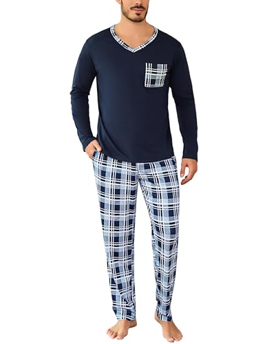 Aseniza Schlafanzug Herren Lang Pyjama Set Baumwolle Winter V-Ausschnitt Langarmshirt mit Karierte Schlafanzughose Nachtwäsche für Männer Dunkelblau, XXL von Aseniza