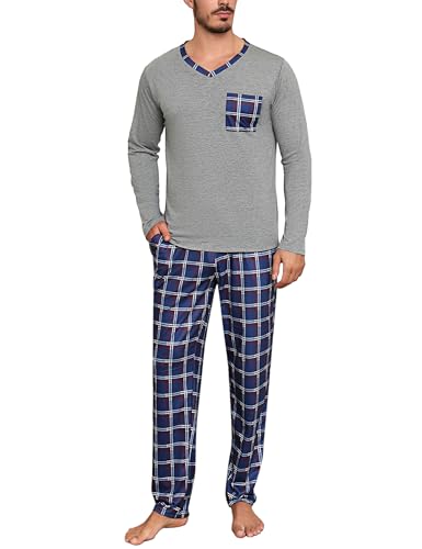 Aseniza Schlafanzug Herren Lang Pyjama Set Baumwolle Winter V-Ausschnitt Langarmshirt mit Karierte Schlafanzughose Nachtwäsche für Männer Grau, XXL von Aseniza