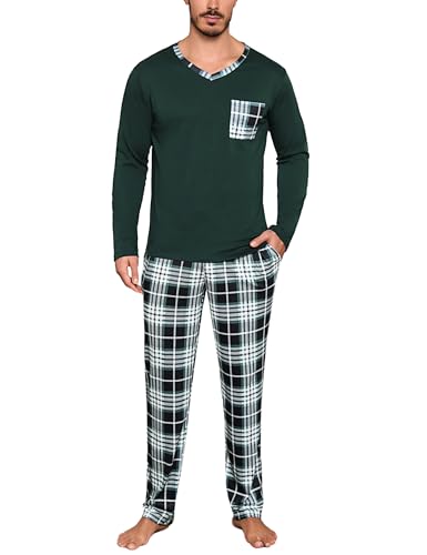 Aseniza Schlafanzug Herren Lang Pyjama Set Baumwolle Winter V-Ausschnitt Langarmshirt mit Karierte Schlafanzughose Nachtwäsche für Männer Grün, XXL von Aseniza