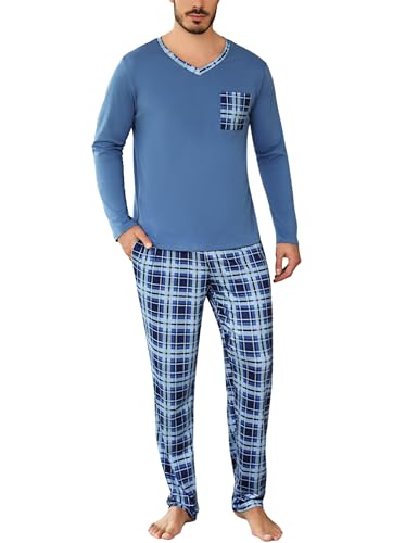 Aseniza Schlafanzug Herren Lang Pyjama Set Baumwolle Winter V-Ausschnitt Langarmshirt mit Karierte Schlafanzughose Nachtwäsche für Männer Himmelblau, M von Aseniza