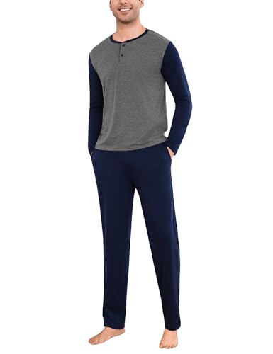 Aseniza Schlafanzug Herren Lang Pyjama Set Baumwolle Zweiteilige Herren-Schlafanzüge Langarm Winter für Männer Schlafzimmer Wohnzimmer Hotels Dunkelgrau XXL von Aseniza