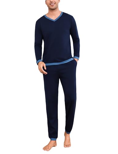 Aseniza Schlafanzug Herren Lang Pyjama Baumwolle Set Langarm Zweiteilige Nachtwäsche Männer Winter Navyblau XL von Aseniza