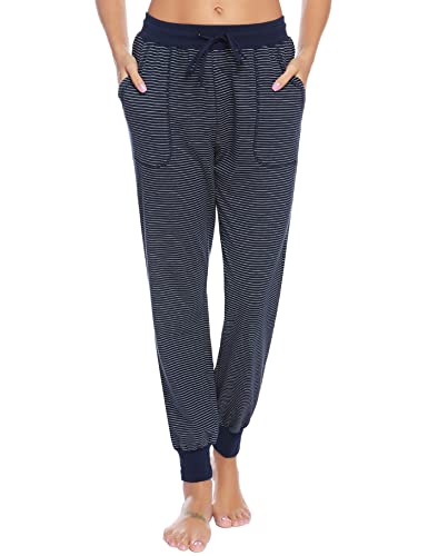 Aseniza Schlafanzughose Damen lang Pyjamahose Baumwolle Gestreifte Nachtwäsche Hose Freizeithosen Hausehose mit Zwei Taschen Pyjama für Sport Jogging Training Yoga,Dunkelblau,L von Aseniza