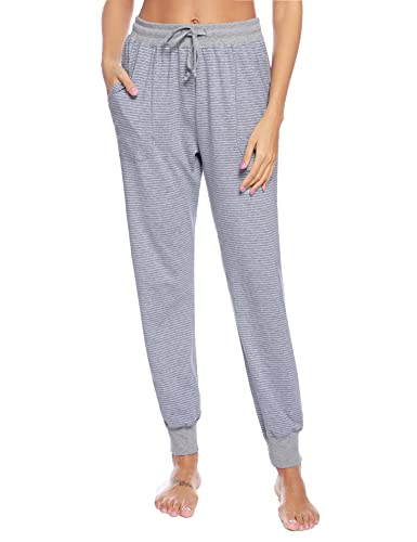 Aseniza Schlafanzughose Damen lang Pyjamahose Baumwolle Gestreifte Nachtwäsche Hose Freizeithosen Hausehose mit Zwei Taschen Pyjama für Sport Jogging Training Yoga,Grau,L von Aseniza