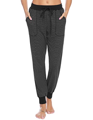 Aseniza Schlafanzughose Damen lang Pyjamahose Baumwolle Gestreifte Nachtwäsche Hose Freizeithosen Hausehose mit Zwei Taschen Pyjama für Sport Jogging Training Yoga,Schwarz,L von Aseniza