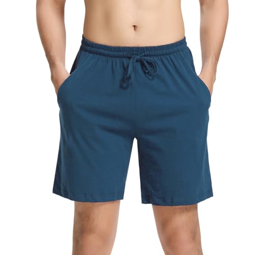 Aseniza Schlafhose Herren Kurz Baumwolle Schlafanzughose Weich Herren Sommer Pyjamahose Freizeithose Loungehose für Männer mit Zwei Taschen für Männer Dunkelblau L von Aseniza