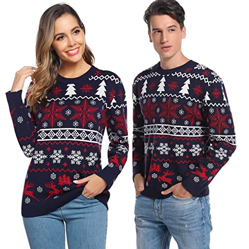 Aseniza Weihnachtspullover Damen Strickpullover Christmas Sweater Pullover Weihnachten Langarmshirt mit Rundhalsausschnitt Lustiger Weihnachtspulli für Damen Herren,Dunkelblau-Damen,L von Aseniza