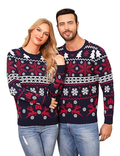 Aseniza Weihnachtspullover Damen Herren Christmas Sweater Pullover Weihnachten Strickpullover Rentier Elch Langarm Jumper mit Rundhalsausschnitt Dunkelblau-Damen, XXL von Aseniza