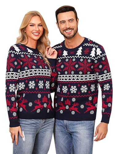 Aseniza Weihnachtspullover Damen Herren Christmas Sweater Pullover Weihnachten Strickpullover Rentier Elch Langarm Jumper mit Rundhalsausschnitt Dunkelblau-Herren, L von Aseniza