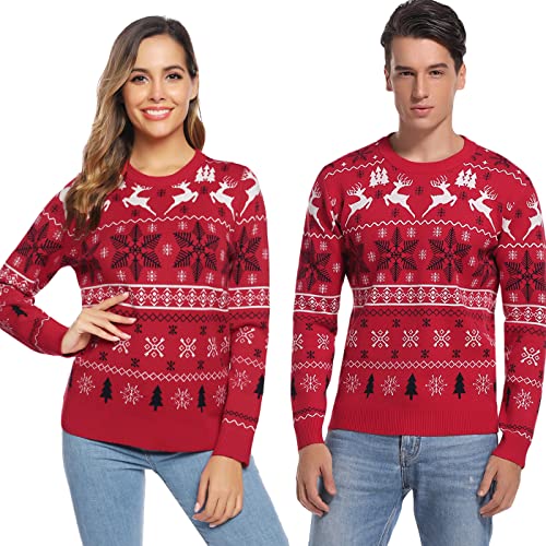 Aseniza Weihnachtspullover Damen Herren Christmas Sweater Pullover Weihnachten Strickpullover Rentier Elch Langarm Jumper mit Rundhalsausschnitt Rot-Damen, S von Aseniza