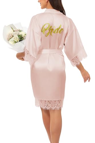 Asenzia Damen Morgenmantel Satin Kurz Braut Robe Kimono Bademantel Mit Spitze Nachthemd Nachtwäsche Sleepwear Mit Gürtel Für Hochzeit Brautparty,Pink-Braut,XL von Aseniza