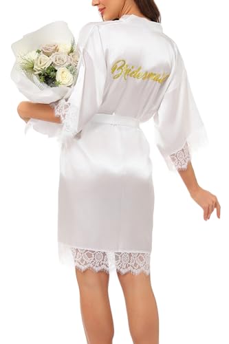 Asenzia Damen Morgenmantel Satin Kurz Braut Robe Kimono Bademantel Mit Spitze Nachthemd Nachtwäsche Sleepwear Mit Gürtel Für Hochzeit Brautparty,Weiß-Brautjungfer,S von Aseniza