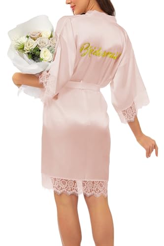 Asenzia Damen Morgenmantel Satin Kurz Braut Robe Kimono Bademantel Mit Spitze Nachthemd Nachtwäsche Sleepwear Mit Gürtel Für Hochzeit Brautparty,Pink-Brautjungfer,L von Aseniza