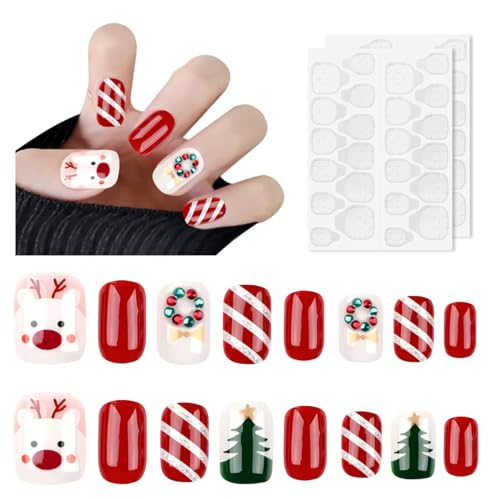 Weihnachten Kinder Künstliche Nagelspitze Falsche Fingernägel,Weihnachten Sarg Falsche Nägel,Press on Nails Mandel Kurz,Nails Short Full Cover False Nail Set,Frauen Selbstklebende Nägel(JP2694） von Asfacuputure