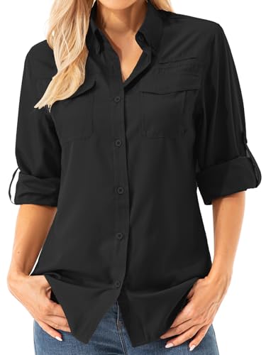 AsfixiAsfixiadoado Damen Hemdbluse UV Shirt UPF 50+ Safari Kleidung Wanderbluse Damen Outdoor Cooling Quick Dry Sonnenschutz Langarm Luftiges Hemd（5072 Black XS） von Asfixiado
