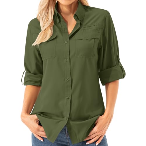 Asfixiado Damen Hemdbluse UV Shirt UPF 50+ Safari Kleidung Wanderbluse Damen Outdoor Cooling Quick Dry Sonnenschutz Langarm Luftiges Hemd（5072 Army Green L） von Asfixiado