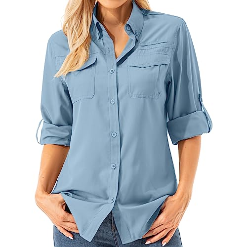 Asfixiado Damen Hemdbluse UV Shirt UPF 50+ Safari Kleidung Wanderbluse Damen Outdoor Cooling Quick Dry Sonnenschutz Langarm Luftiges Hemd（5072 Blue L） von Asfixiado