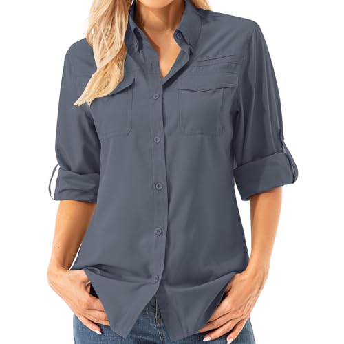 Asfixiado Damen Hemdbluse UV Shirt UPF 50+ Safari Kleidung Wanderbluse Damen Outdoor Cooling Quick Dry Sonnenschutz Langarm Luftiges Hemd（5072 Drak Grey XS） von Asfixiado