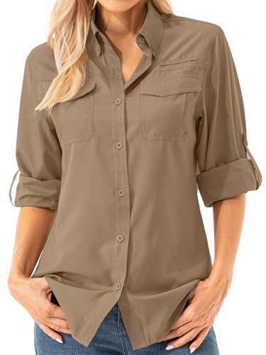 Asfixiado Damen Hemdbluse UV Shirt UPF 50+ Safari Kleidung Wanderbluse Damen Outdoor Cooling Quick Dry Sonnenschutz Langarm Luftiges Hemd（5072 Gravel Brown L） von Asfixiado