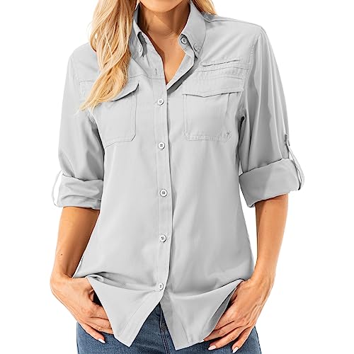 Asfixiado Damen Hemdbluse UV Shirt UPF 50+ Safari Kleidung Wanderbluse Damen Outdoor Cooling Quick Dry Sonnenschutz Langarm Luftiges Hemd（5072 Grey L） von Asfixiado