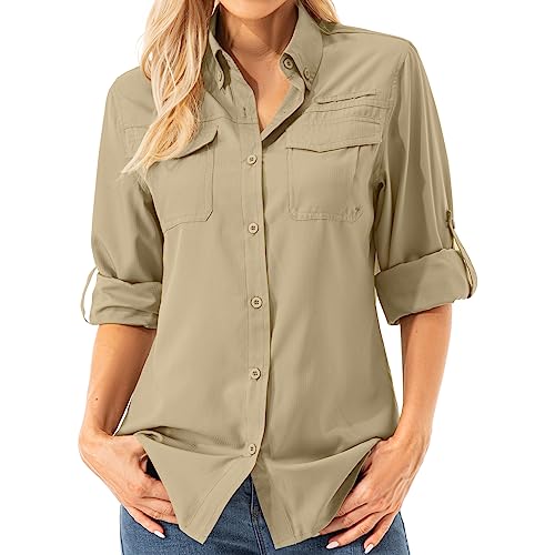 Asfixiado Damen Hemdbluse UV Shirt UPF 50+ Safari Kleidung Wanderbluse Damen Outdoor Cooling Quick Dry Sonnenschutz Langarm Luftiges Hemd（5072 Khaki L） von Asfixiado