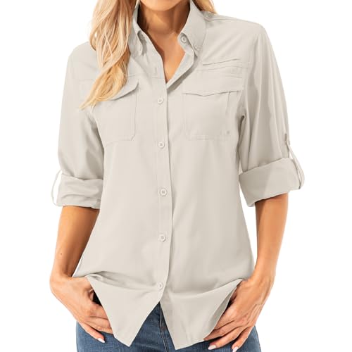 Asfixiado Damen Hemdbluse UV Shirt UPF 50+ Safari Kleidung Wanderbluse Damen Outdoor Cooling Quick Dry Sonnenschutz Langarm Luftiges Hemd（5072 Light Khaki XS） von Asfixiado
