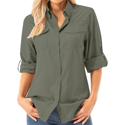 Asfixiado Damen Hemdbluse UV Shirt UPF 50+ Safari Kleidung Wanderbluse Damen Outdoor Cooling Quick Dry Sonnenschutz Langarm Luftiges Hemd（5072 Mountain Green XL） von Asfixiado