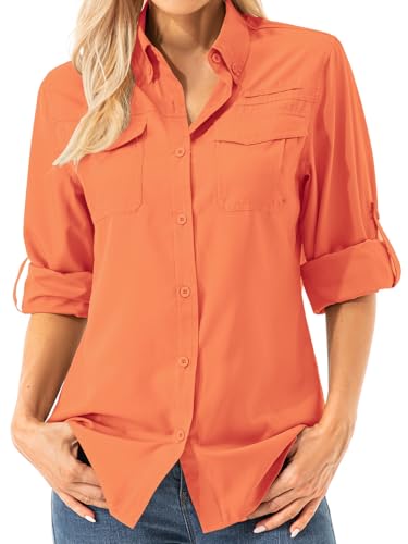 Asfixiado Damen Hemdbluse UV Shirt UPF 50+ Safari Kleidung Wanderbluse Damen Outdoor Cooling Quick Dry Sonnenschutz Langarm Luftiges Hemd（5072 Orange XL） von Asfixiado