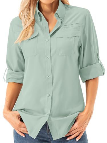 Asfixiado Damen Hemdbluse UV Shirt UPF 50+ Safari Kleidung Wanderbluse Damen Outdoor Cooling Quick Dry Sonnenschutz Langarm Luftiges Hemd（5072 PEA Green XS） von Asfixiado