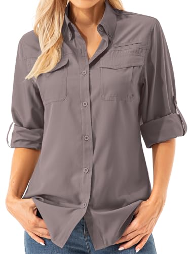 Asfixiado Damen Hemdbluse UV Shirt UPF 50+ Safari Kleidung Wanderbluse Damen Outdoor Cooling Quick Dry Sonnenschutz Langarm Luftiges Hemd（5072 Purple Grey L） von Asfixiado