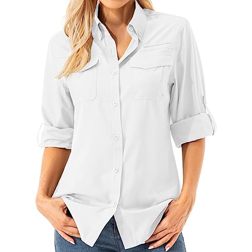Asfixiado Damen Hemdbluse UV Shirt UPF 50+ Safari Kleidung Wanderbluse Damen Outdoor Cooling Quick Dry Sonnenschutz Langarm Luftiges Hemd（5072 White S） von Asfixiado