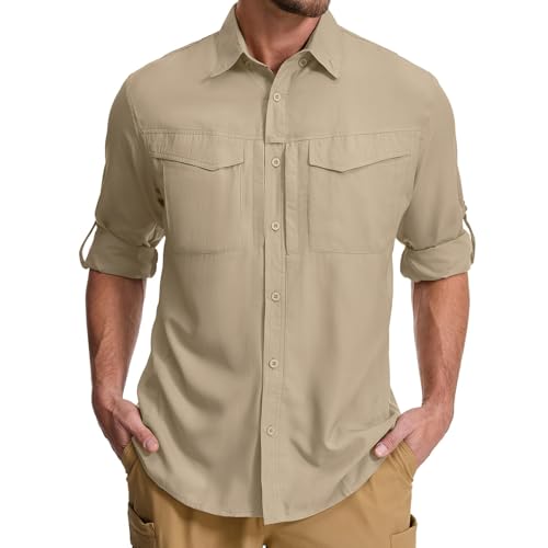 Asfixiado Hemd Herren Safari UPF50+ UV Schutz Langarm Wanderhemd Herren Funktionshemd Outdoorhemd Atmungsaktiv Schnelltrocknend Hemd（Khaki XL） von Asfixiado