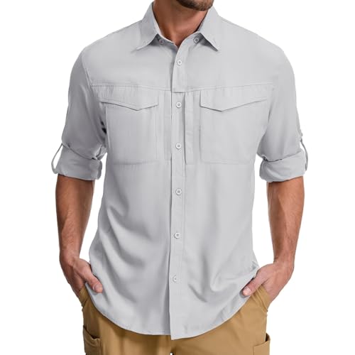 Asfixiado Hemd Herren Safari UPF50+ UV Schutz Langarm Wanderhemd Herren Funktionshemd Outdoorhemd Atmungsaktiv Schnelltrocknend Hemd（Light Grey L） von Asfixiado