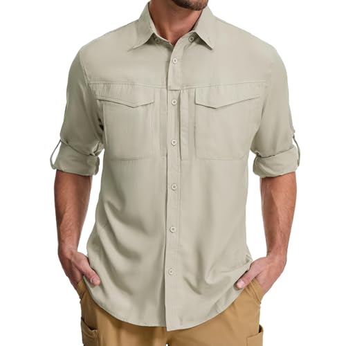 Asfixiado Hemd Herren Safari UPF50+ UV Schutz Langarm Wanderhemd Herren Funktionshemd Outdoorhemd Atmungsaktiv Schnelltrocknend Hemd（Light Khaki XXL） von Asfixiado