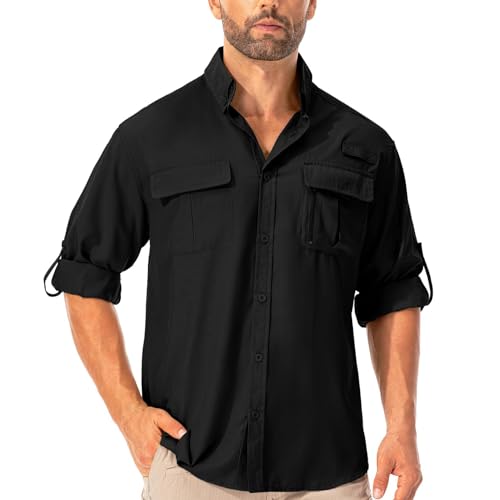 Asfixiado Hemd Herren Safari UPF50+ UV Schutz Wanderhemd Herren Langarm Funktionshemd Outdoorhemd Atmungsaktiv Schnelltrocknend Casual Button Down Shirts（Black L） von Asfixiado