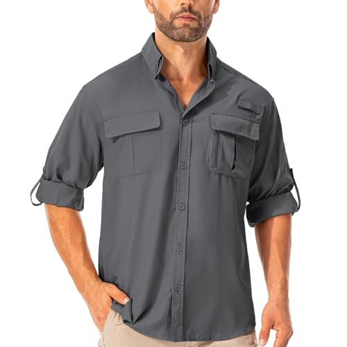 Asfixiado Hemd Herren Safari UPF50+ UV Schutz Wanderhemd Herren Langarm Funktionshemd Outdoorhemd Atmungsaktiv Schnelltrocknend Casual Button Down Shirts（Dark Grey M） von Asfixiado