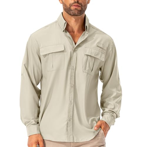 Asfixiado Hemd Herren Safari UPF50+ UV Schutz Wanderhemd Herren Langarm Funktionshemd Outdoorhemd Atmungsaktiv Schnelltrocknend Casual Button Down Shirts(Light Khaki XL) von Asfixiado