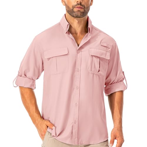 Asfixiado Hemd Herren Safari UPF50+ UV Schutz Wanderhemd Herren Langarm Funktionshemd Outdoorhemd Atmungsaktiv Schnelltrocknend Casual Button Down Shirts（Pink XXL） von Asfixiado