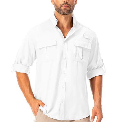 Asfixiado Hemd Herren Safari UPF50+ UV Schutz Wanderhemd Herren Langarm Funktionshemd Outdoorhemd Atmungsaktiv Schnelltrocknend Casual Button Down Shirts（White M） von Asfixiado