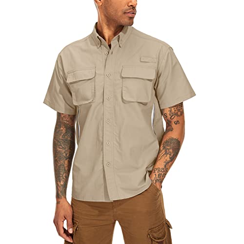 Asfixiado Hemd Herren Kurzarm Safari UPF50+ UV Schutz Wanderhemd Funktionshemd Atmungsaktiv Schnelltrocknend Outdoorhemd Casual Button Down Shirts（5018 Khaki L） von Asfixiado