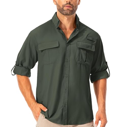 Asfixiado Hemd Herren Safari UPF50+ UV Schutz Wanderhemd Herren Langarm Funktionshemd Outdoorhemd Atmungsaktiv Schnelltrocknend Casual Button Down Shirts(Army GreenM) von Asfixiado