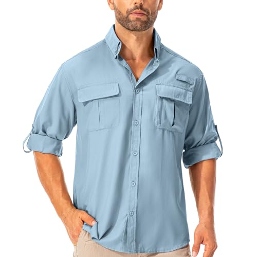 Asfixiado Hemd Herren Safari UPF50+ UV Schutz Wanderhemd Herren Langarm Funktionshemd Outdoorhemd Atmungsaktiv Schnelltrocknend Casual Button Down Shirts(Blue XXL) von Asfixiado