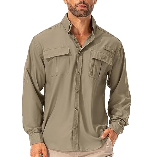 Hemd Herren Safari UPF50+ UV Schutz Wanderhemd Herren Langarm Funktionshemd Outdoorhemd Atmungsaktiv Schnelltrocknend Casual Button Down Shirts(5053 Khaki L) von Asfixiado