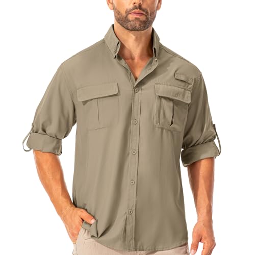 Asfixiado Hemd Herren Safari UPF50+ UV Schutz Wanderhemd Herren Langarm Funktionshemd Outdoorhemd Atmungsaktiv Schnelltrocknend Casual Button Down Shirts(Khaki XL) von Asfixiado