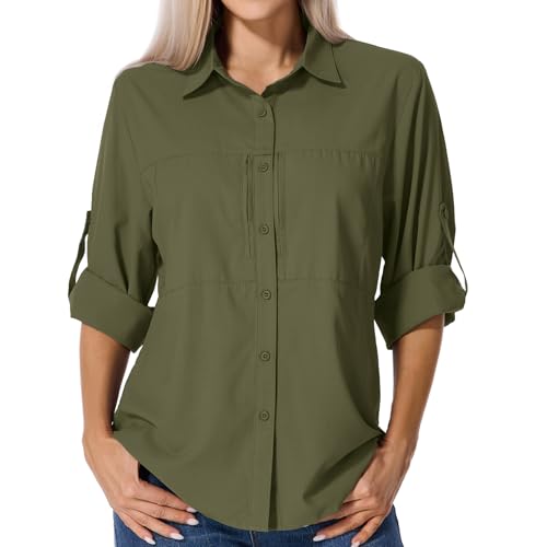Asfixiado Shirts Damen UV Shirt UPF 50+ Safari Kleidung Wanderbluse Damen Hemdbluse Outdoor Atmungsaktiv Quick Dry Sonnenschutz Langarmshirt Bluse（5087 0live Green S） von Asfixiado