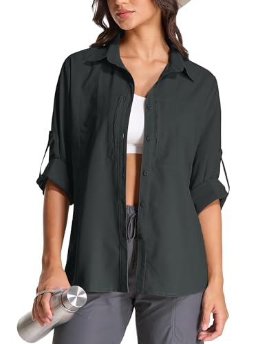 Asfixiado Shirts Damen UV Shirt UPF 50+ Safari Kleidung Wanderbluse Damen Hemdbluse Outdoor Atmungsaktiv Quick Dry Sonnenschutz Langarmshirt Bluse（5087 Black Grey L） von Asfixiado