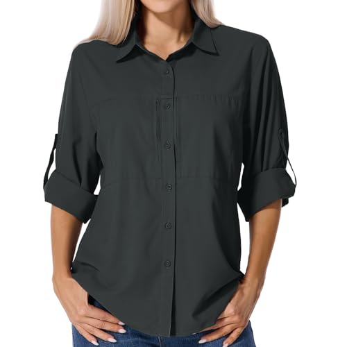 Asfixiado Shirts Damen UV Shirt UPF 50+ Safari Kleidung Wanderbluse Damen Hemdbluse Outdoor Atmungsaktiv Quick Dry Sonnenschutz Langarmshirt Bluse（5087 Black Grey S） von Asfixiado