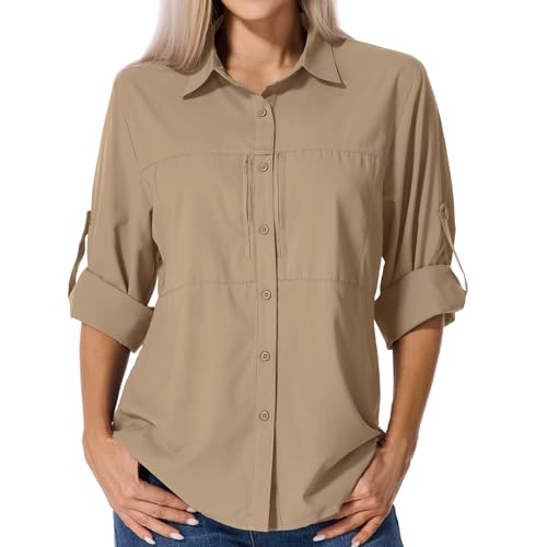Asfixiado Shirts Damen UV Shirt UPF 50+ Safari Kleidung Wanderbluse Damen Hemdbluse Outdoor Atmungsaktiv Quick Dry Sonnenschutz Langarmshirt Bluse（5087 Gravel Brown S） von Asfixiado