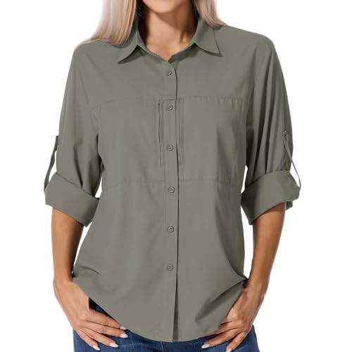 Asfixiado Shirts Damen UV Shirt UPF 50+ Safari Kleidung Wanderbluse Damen Hemdbluse Outdoor Atmungsaktiv Quick Dry Sonnenschutz Langarmshirt Bluse（5087 Grey Green S） von Asfixiado