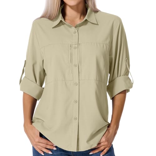Asfixiado Shirts Damen UV Shirt UPF 50+ Safari Kleidung Wanderbluse Damen Hemdbluse Outdoor Atmungsaktiv Quick Dry Sonnenschutz Langarmshirt Bluse（5087 Khaki L） von Asfixiado